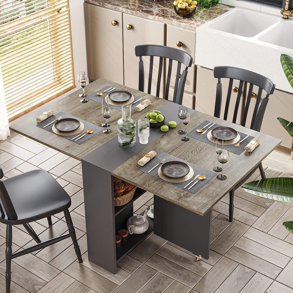 Tiptiper Folding Dining Table with 2 Storage Racks, Drop Leaf Table with 6 Wheels, Multifunction Expandable Table for Kitchen, Bedroom, Living Room