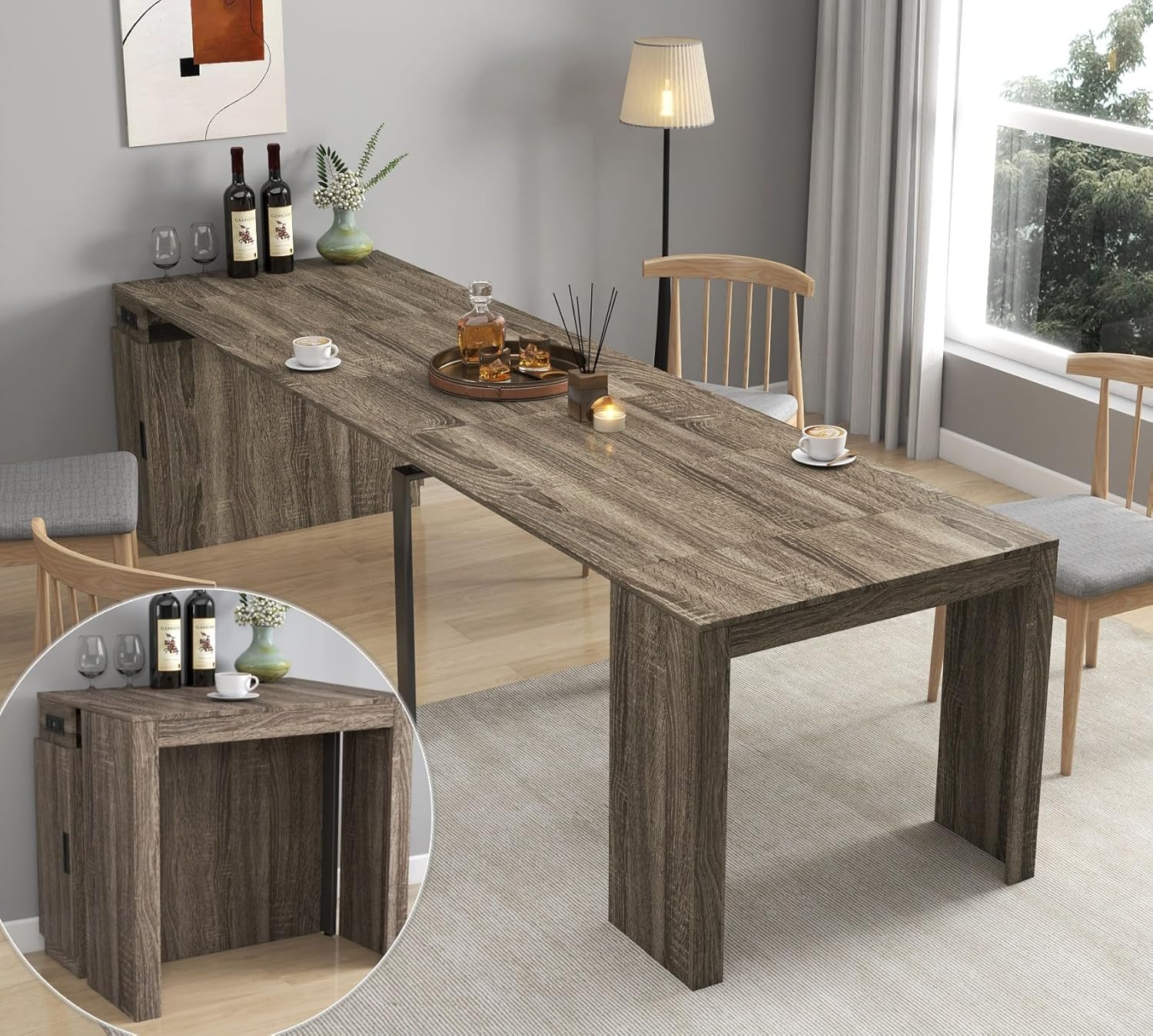 KEIKI 23.62”-118”L Extendable Foldable Dining Room Table with Storage Cabinet & Outlet, 1-10 People Wood Modern Rectangle Expandable Furniture for Kitchen Living Meeting Room, 6 Length Options