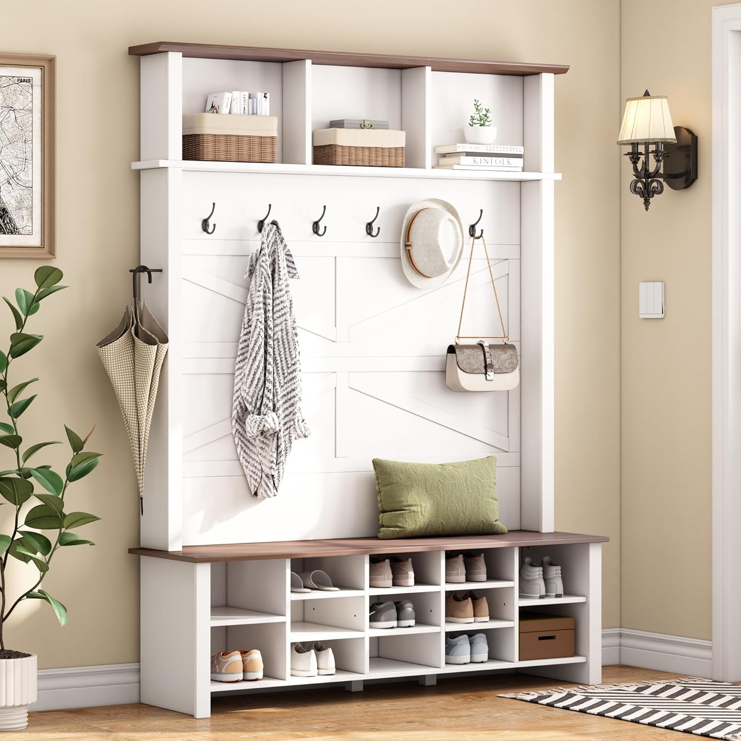 Wide Hall Tree with Storage Bench, Wood Coat Rack with 4 Drawers and 7 Hooks, Detachable Mudroom Organizer with Shoes Storage Shelves for Entryway Hallway, White