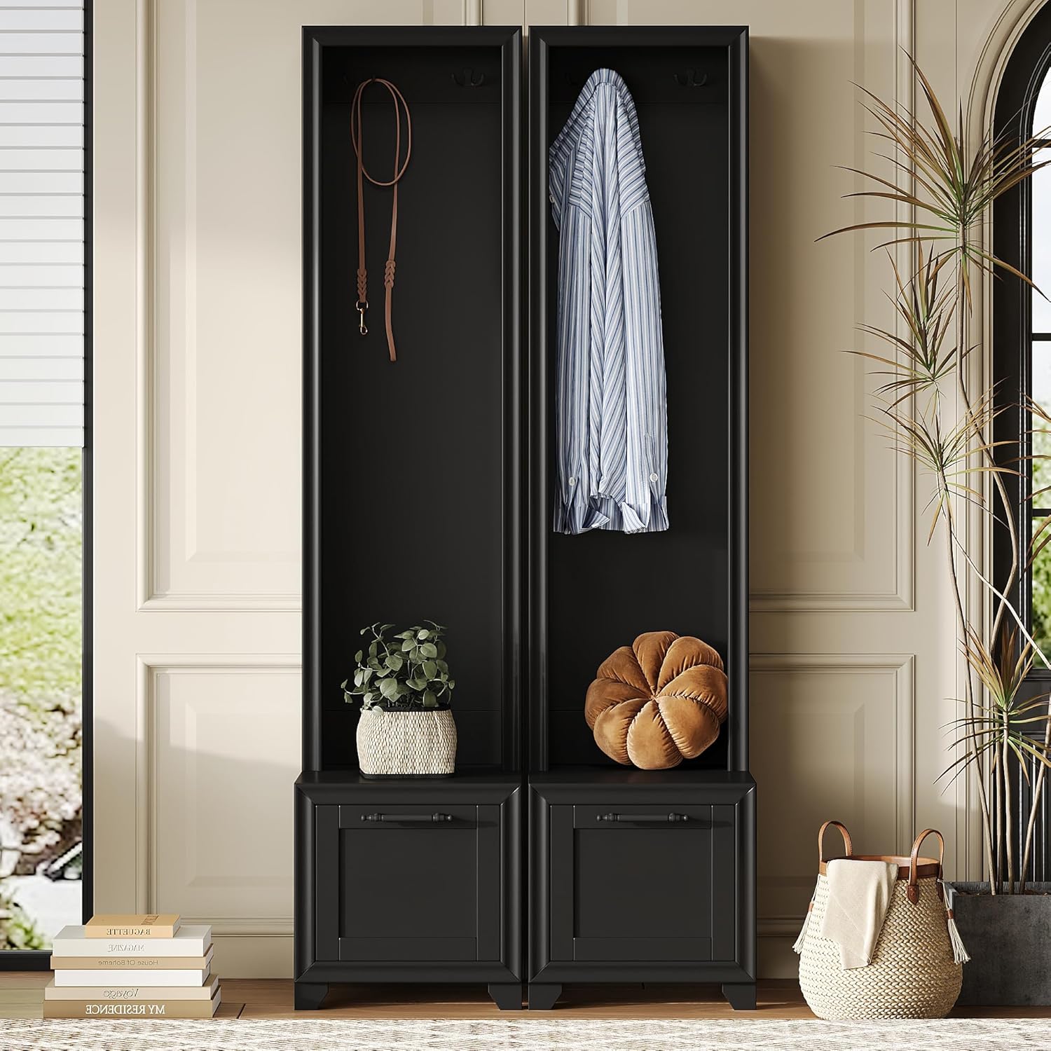 Merax Wood Hall Tree Entryway Bench with Storage Cabinet, 6 Hooks Coat Racks for Entrance, Hallway White