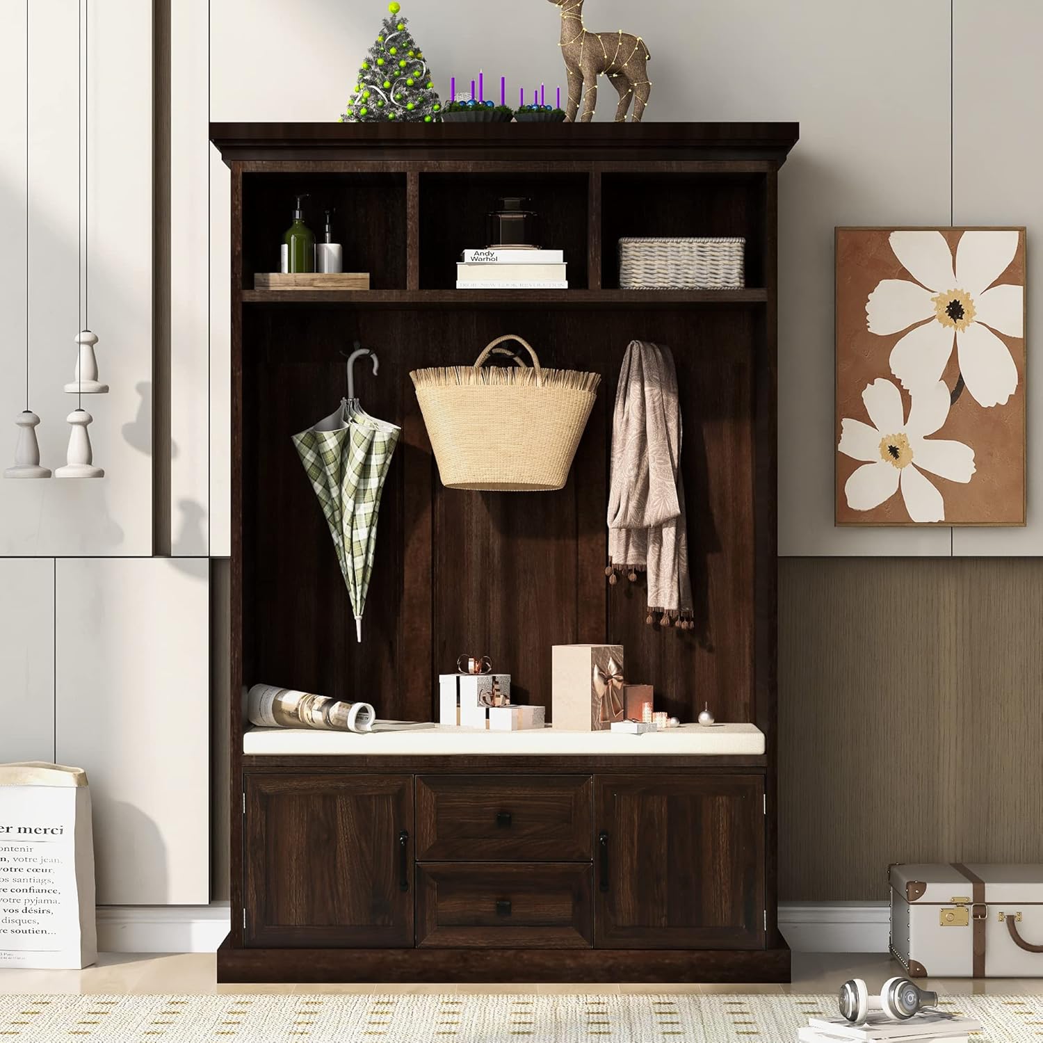 Ball & Cast Entryway Hall Tree with Shoe Storage and Bench,Modern Coat Rack w/Bench and Cushion,3 Shevlves,3 Hooks,Functional Hallway Shoe Cabine for Entrance,Hallway, Bedroom,Black