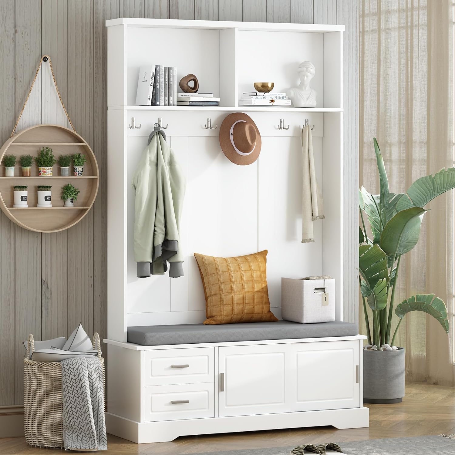 Merax Wood Farmhouse Hall Tree with Storage Entryway Bench, 3-in-1 Coat Racks with 6 Hooks &Shelves for Entrance, Hallway, Mudroom,White