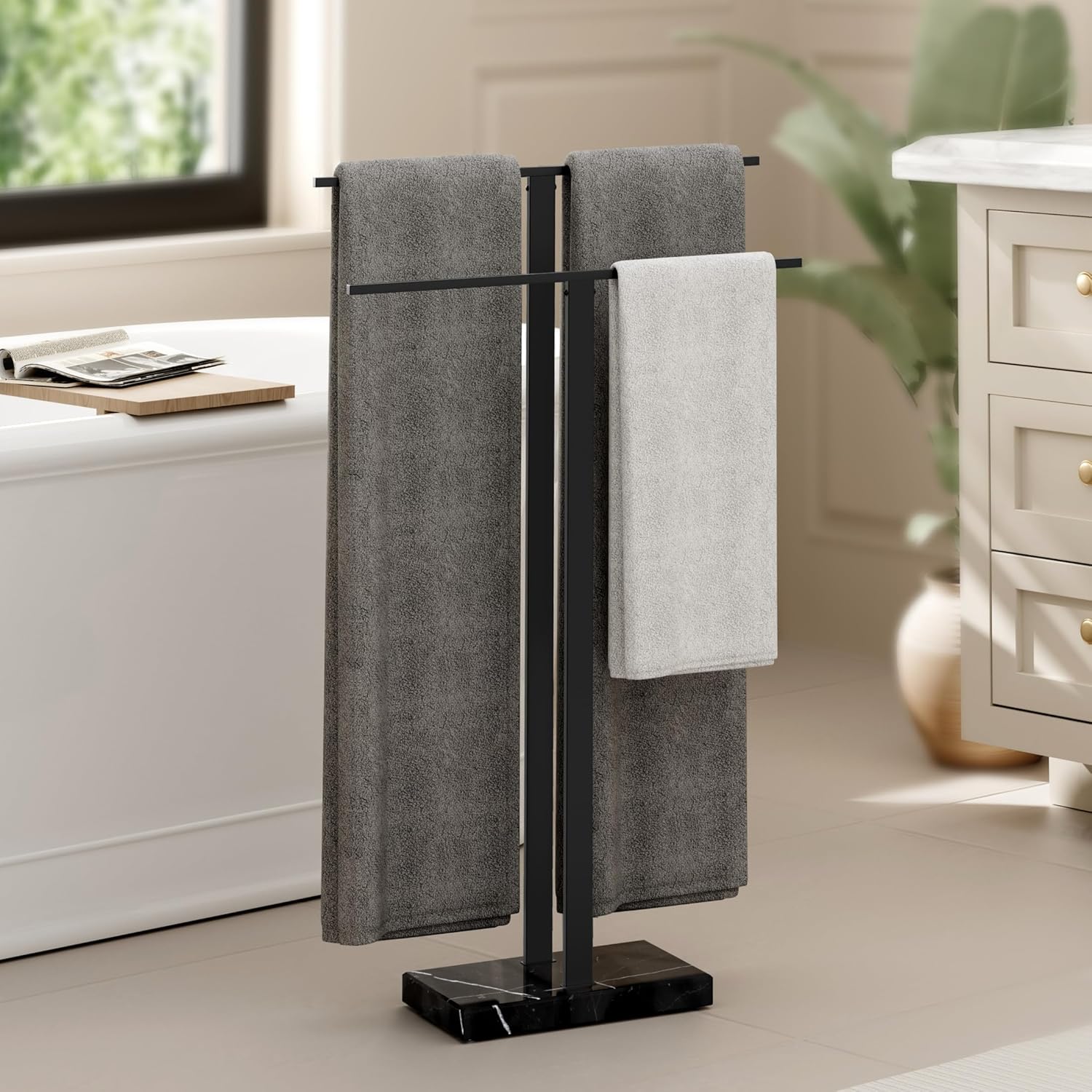 KES Standing Towel Rack with Marble Base, 2-Tier Towel Stand for Bathroom Floor, Upgrade Steady Design, T-Shaped Towel Drying Rack Gold, SUS304 Stainless Steel, Brushed Gold Finish, BTH217-BZ