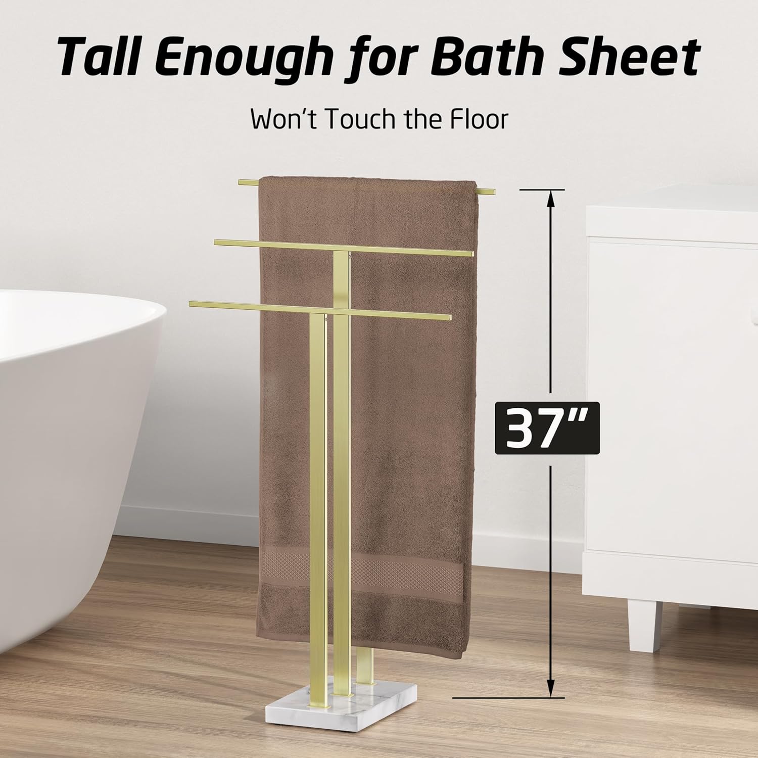 KES Standing Towel Rack 3-Tier with Marble Base, Brushed Gold Towel Rack Stand for Bathroom Floor, Fits Large Bath Towel & Hand Towel, 18/8 Stainless Steel, BTH217S3-BZ