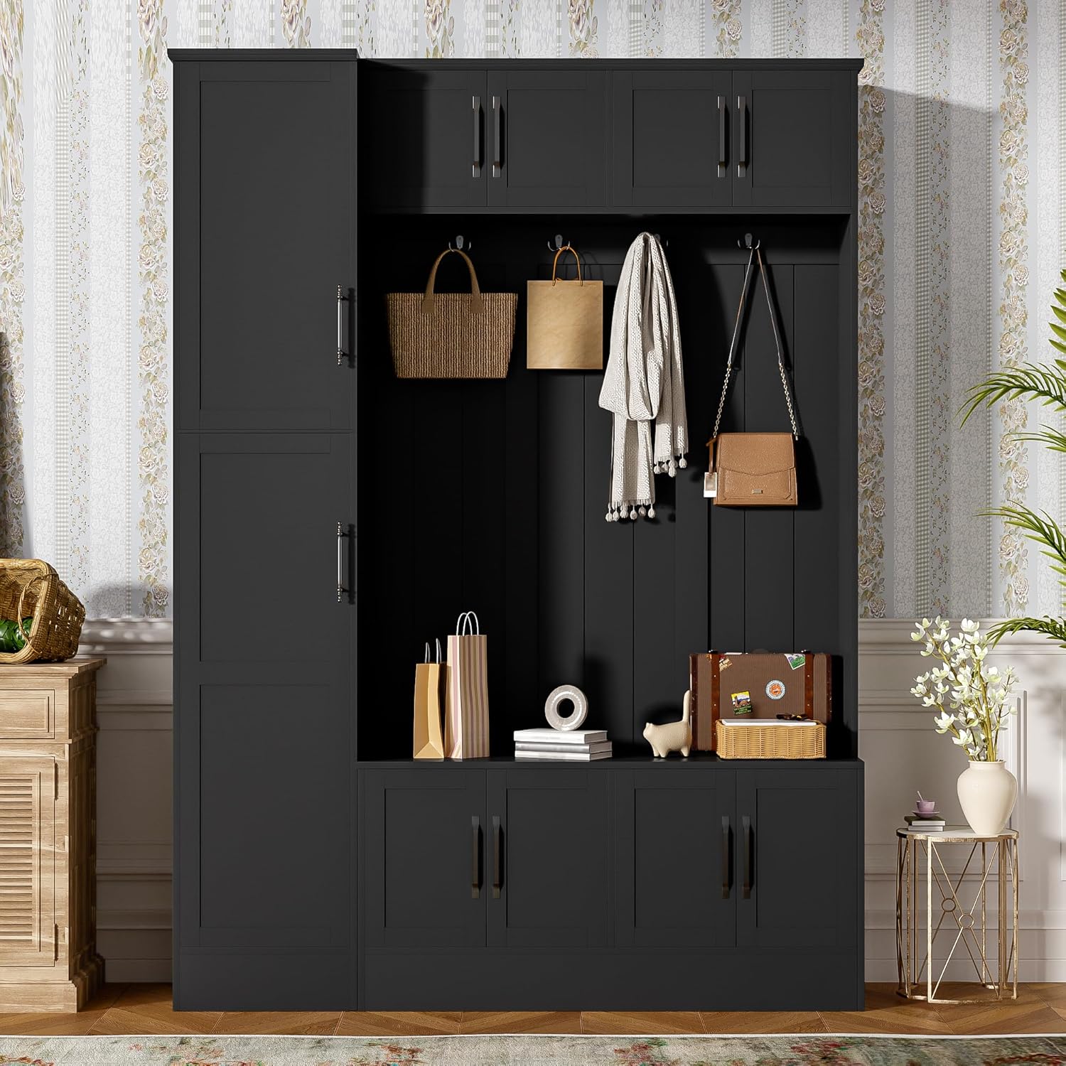 Merax Farmhouse Wood Hall Tree with 6 Hooks and Shoe Bench, Mudroom Versatile Coat Racks with 6 Cabinets & Adjustable Shelf, Entrance Organizer for Hallway, Entryway, Living Room Black