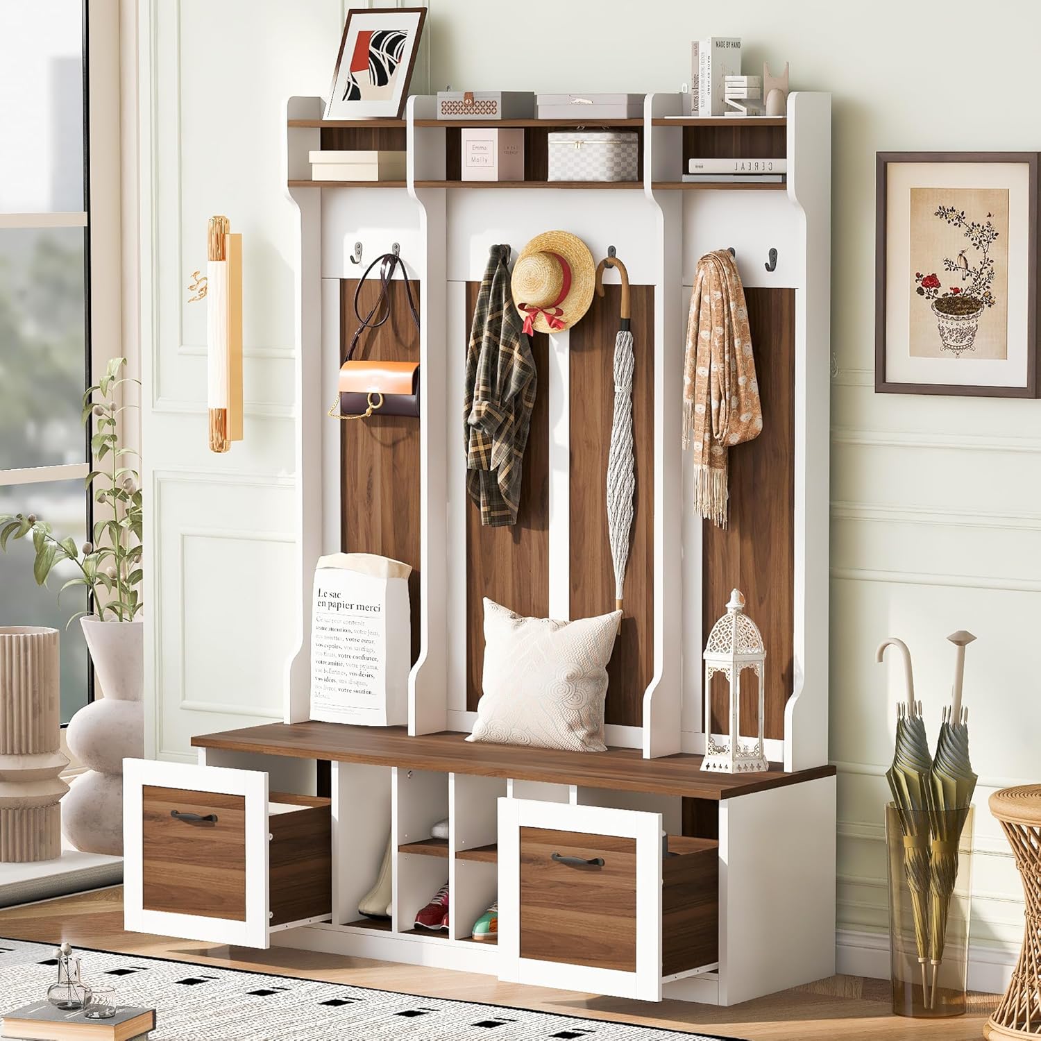 Merax Farmhouse Wood Hall Tree with 6 Hooks and Shoe Bench, Mudroom Versatile Coat Racks with 6 Cabinets & Adjustable Shelf, Entrance Organizer for Hallway, Entryway, Living Room Black