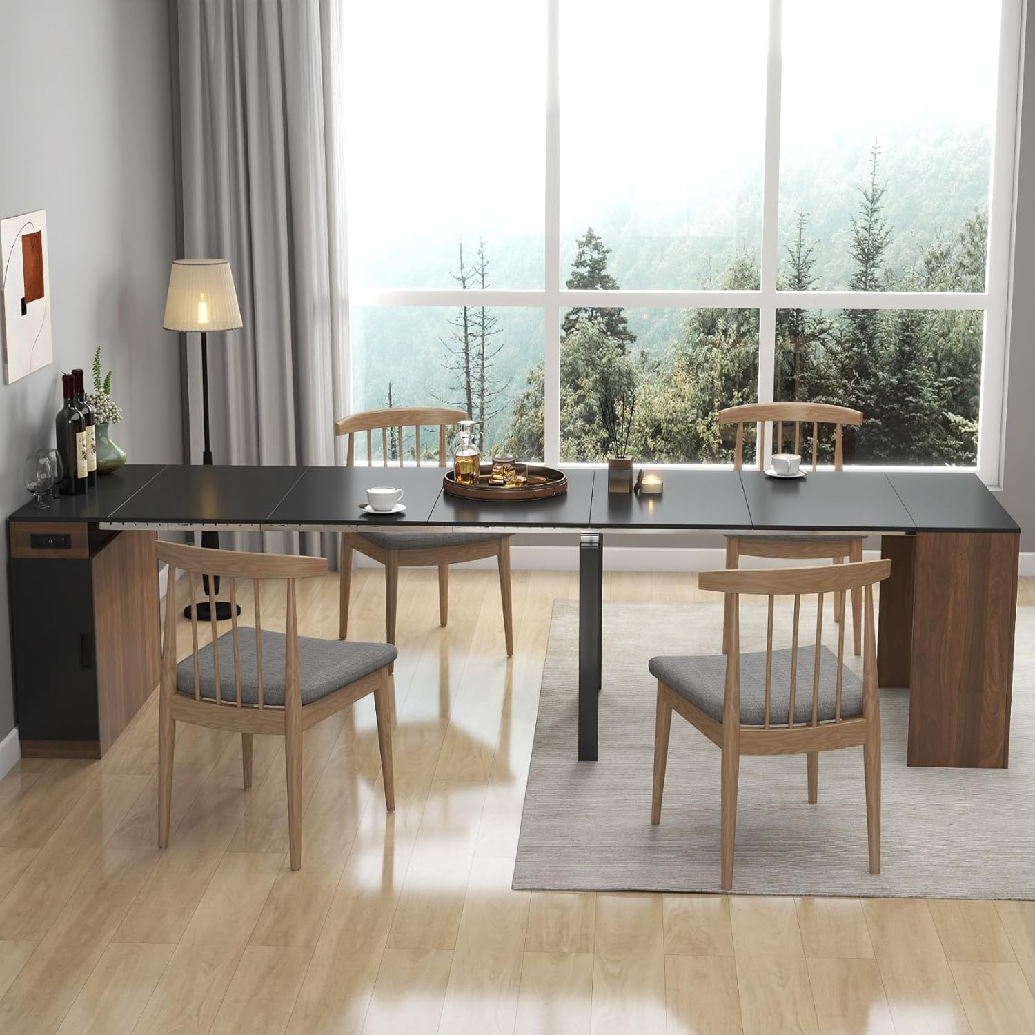 KEIKI 23.62”-118”L Extendable Foldable Dining Room Table with Storage Cabinet & Outlet, 1-10 People Wood Modern Rectangle Expandable Furniture for Kitchen Living Meeting Room, 6 Length Options