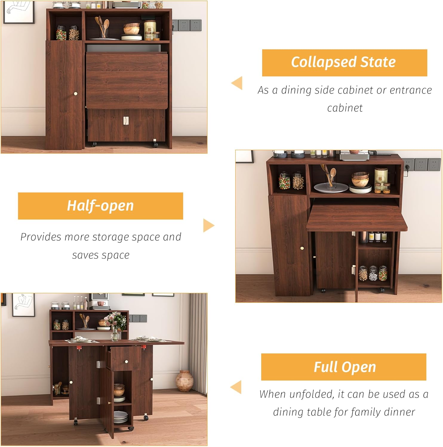 Folding Dining Table with Wall Mounted Sideboard, Expandable Dining Table with Wheels, Entryway Table with Charging Station, Kitchen Table for Small Spaces (Walnut)