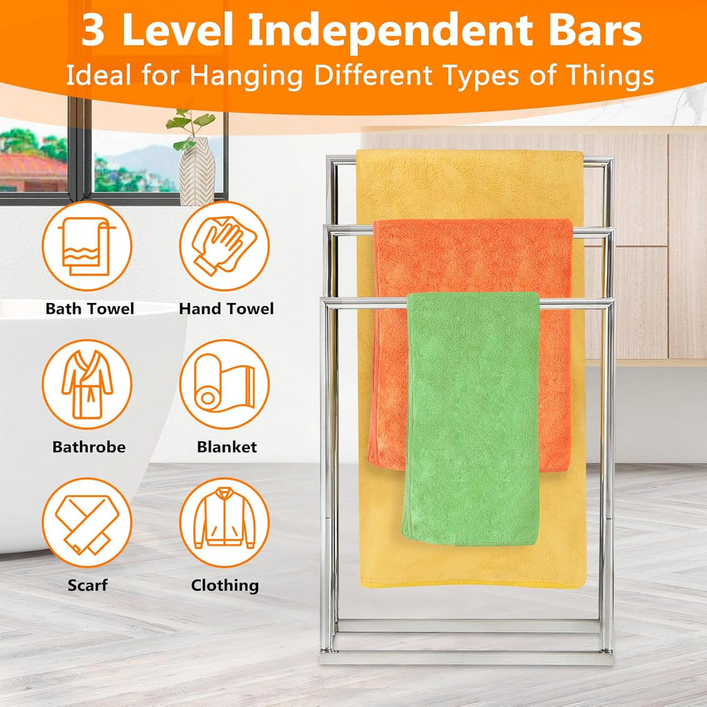 Free Standing Towel Racks for Bathroom, 3 Tier Stainless Steel Bathroom Towel Rack, Towel Drying Rack Stand for Outdoor Poolside, Blanket Holder, Chrome, DECLUTTR