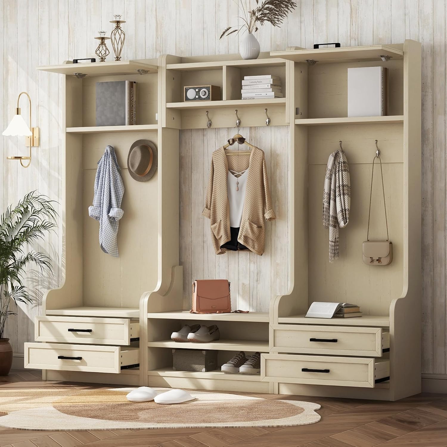 Wide Hall Tree with Storage Bench, Wood Coat Rack with Cabinet and 7 Hooks, Mudroom Organizer with Shoes Storage Cubbies for Entryway Hallway, Beige