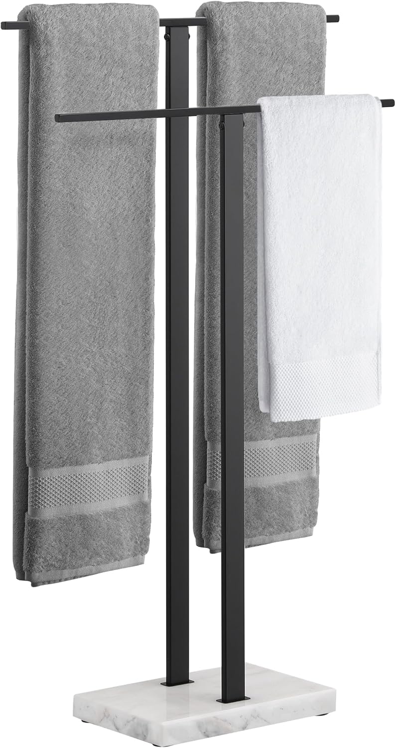 KES Standing Towel Rack with Marble Base, 2-Tier Towel Stand for Bathroom Floor, Upgrade Steady Design, T-Shaped Towel Drying Rack Gold, SUS304 Stainless Steel, Brushed Gold Finish, BTH217-BZ