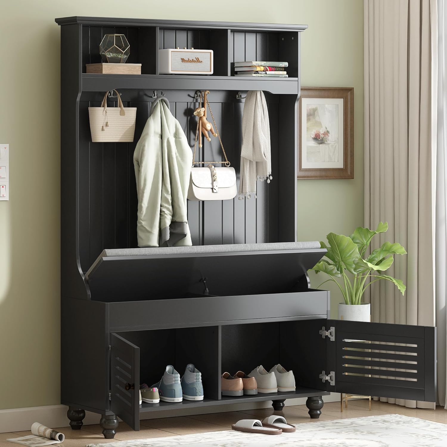 Merax Wood Hall Tree with Shoe Storage Bench for Entryway, 5-in-1 Coat Rack with 4 Hooks and Shelves for Entrance, Hallway Black