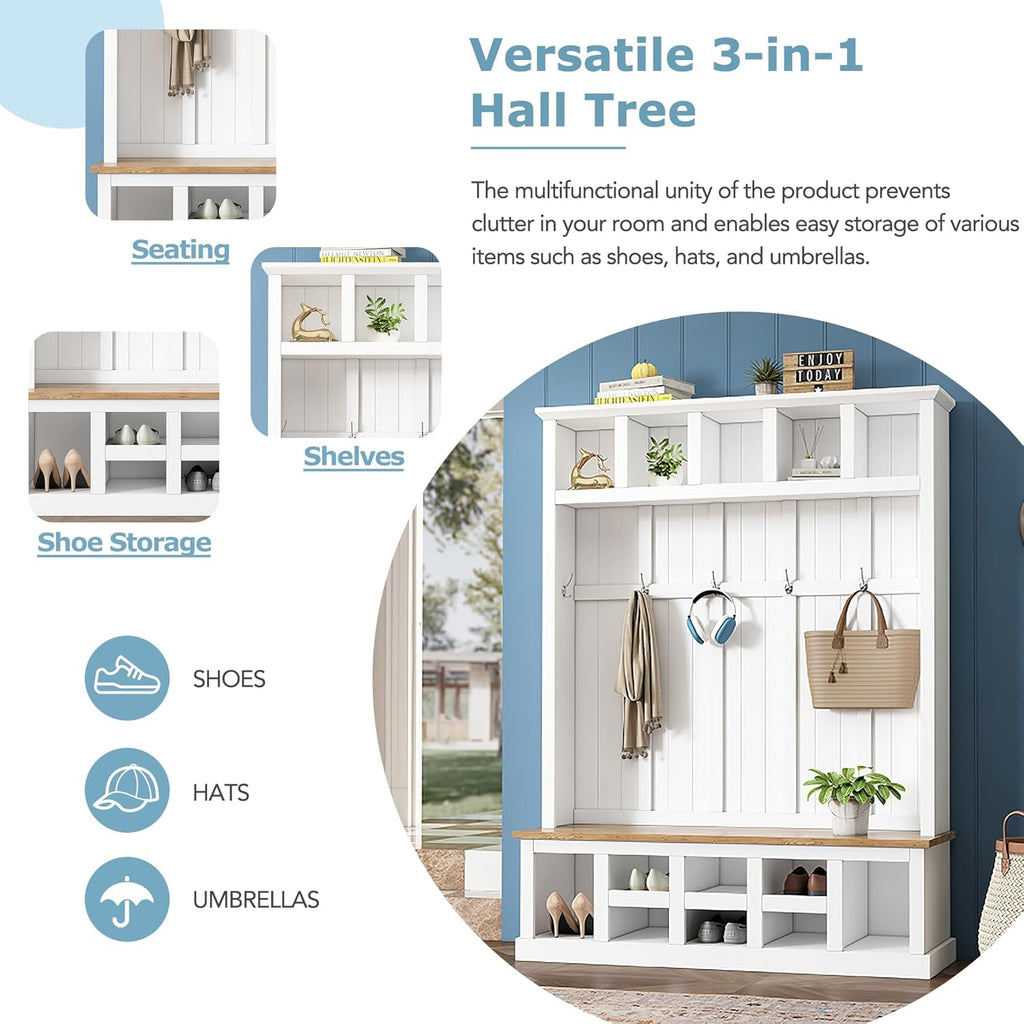 Merax Farmhouse Wood Hall Tree with Bench and Shoe Storage, 5-in-1 Coat Rack with 6 Hooks for Entrance, Hallway White