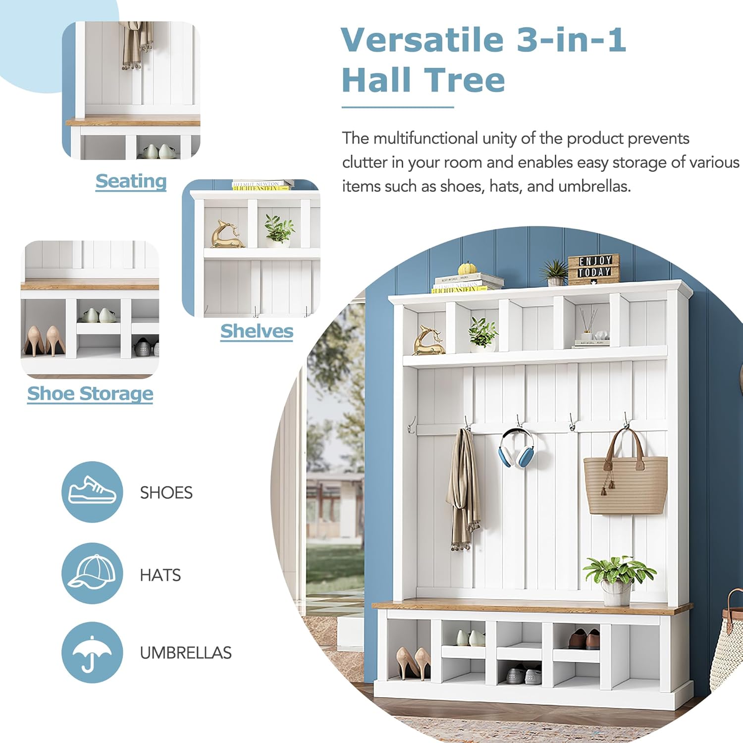 Merax Farmhouse Wood Hall Tree with Bench and Shoe Storage, 5-in-1 Coat Rack with 6 Hooks for Entrance, Hallway White