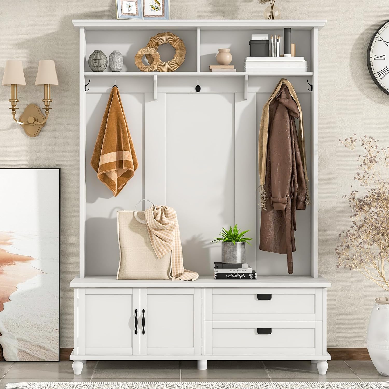 Wide Hall Tree with Storage Bench, Wood Coat Rack with 4 Drawers and 7 Hooks, Detachable Mudroom Organizer with Shoes Storage Shelves for Entryway Hallway, White