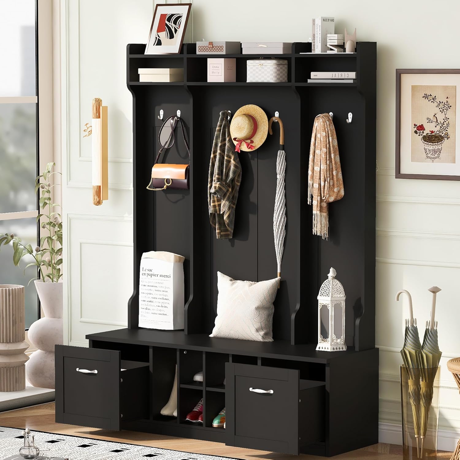 Merax Farmhouse Wood Hall Tree with 6 Hooks and Shoe Bench, Mudroom Versatile Coat Racks with 6 Cabinets & Adjustable Shelf, Entrance Organizer for Hallway, Entryway, Living Room Black