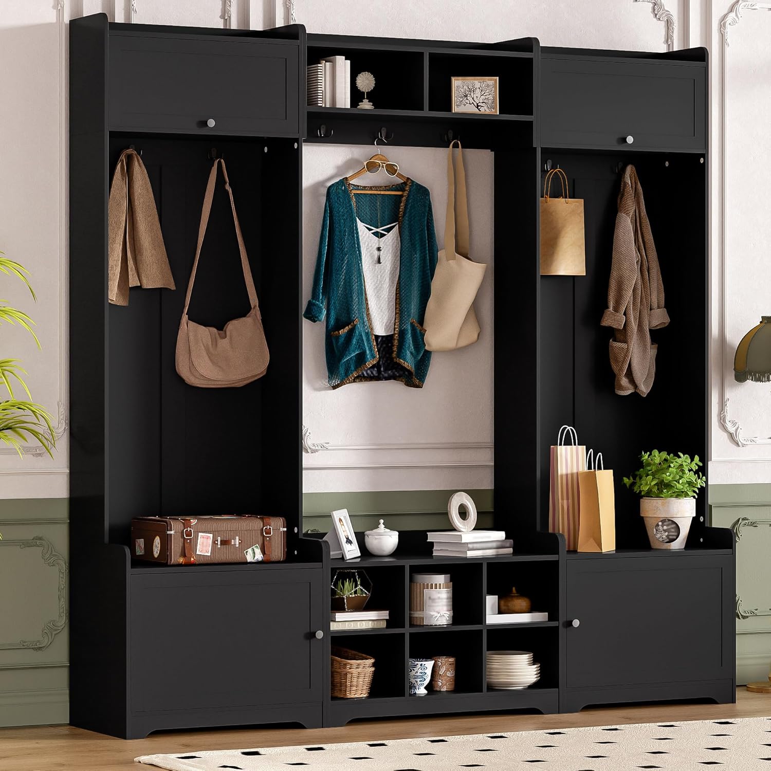 79'' Tall Hall Tree with Shoe Storage and Bench, 4-in-1 Mudroom Storage Organizer Coat Rack with 6 Cabinets, 4 Coat Hooks & Adjustable Shelf for Hallway, Entryway, Living Room, White