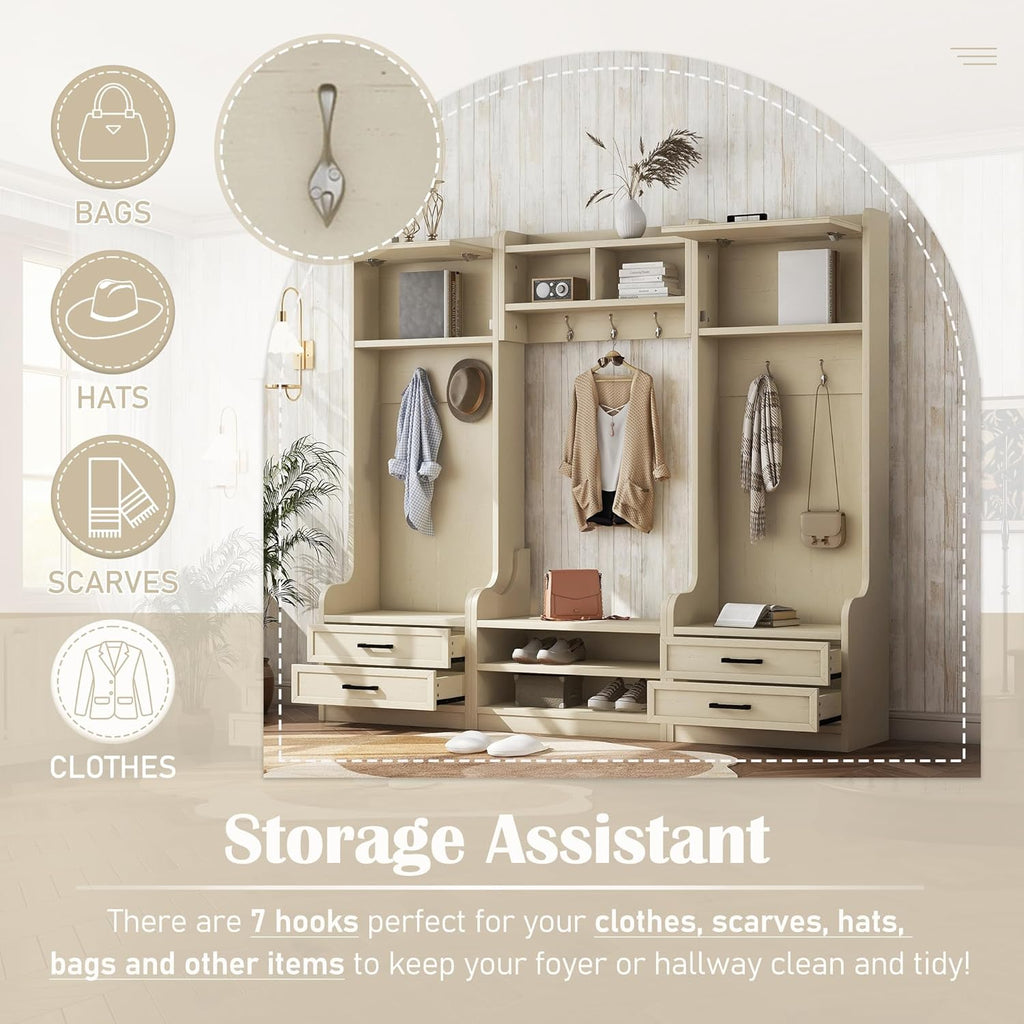 Wide Hall Tree with Storage Bench, Wood Coat Rack with Cabinet and 7 Hooks, Mudroom Organizer with Shoes Storage Cubbies for Entryway Hallway, Beige