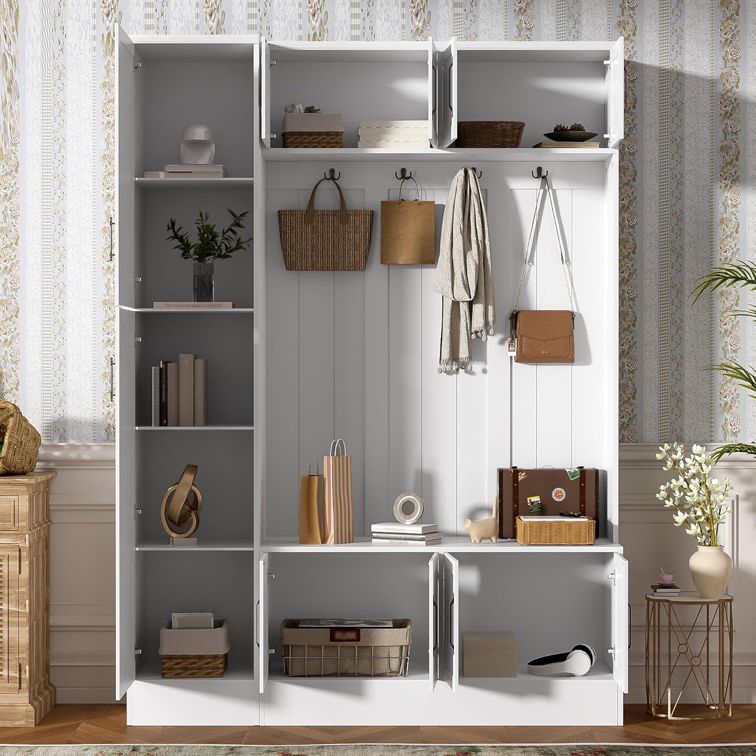 79'' Tall Hall Tree with Shoe Storage and Bench, 4-in-1 Mudroom Storage Organizer Coat Rack with 6 Cabinets, 4 Coat Hooks & Adjustable Shelf for Hallway, Entryway, Living Room, White