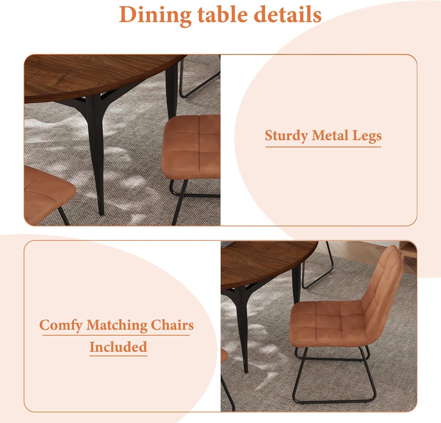 Expandable Folding Dining Table Set, 55-Inch Round to Square Table with 6 Upholstered Chairs, Metal Frame, for Dining Room or Apartment (Round Table + 6 Brown Chairs)