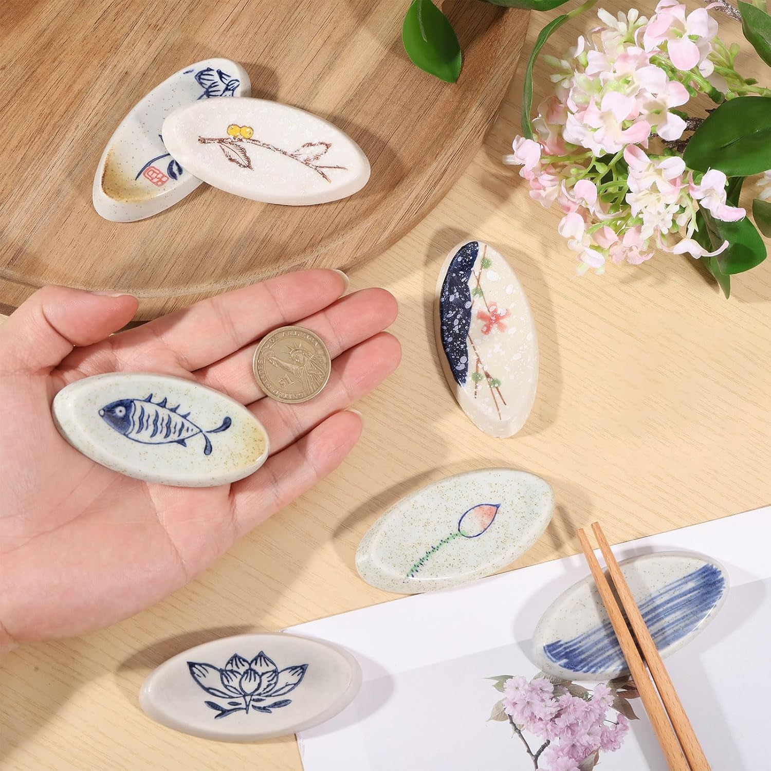 7Pcs Japanese Chopstick Holder Classic Ceramic Chopsticks Stand Rest Oval Shape Table Tableware Decoration Brackets for Spoons Cutlery Forks Paint Brushes