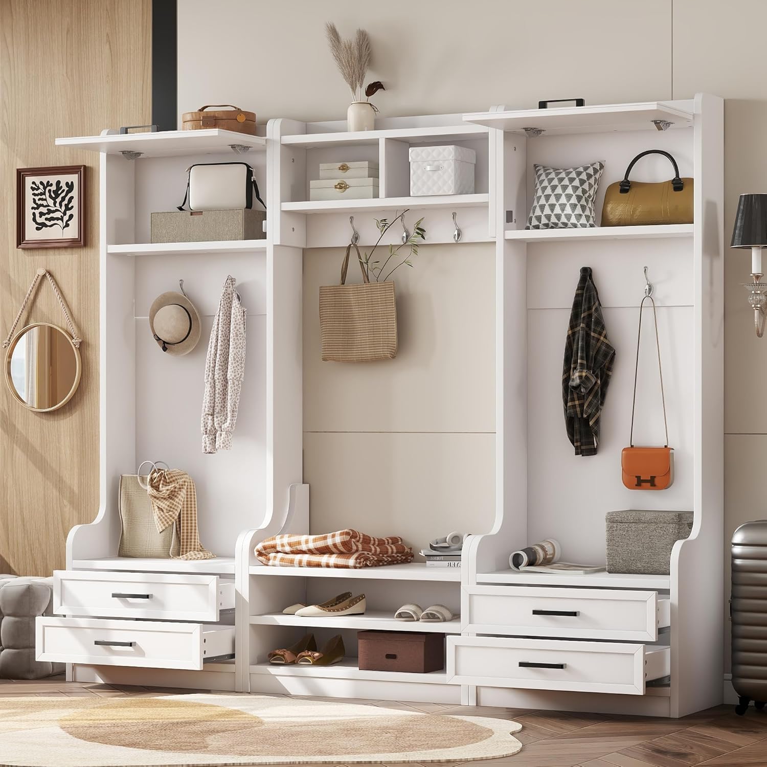 Wide Hall Tree with Storage Bench, Wood Coat Rack with 4 Drawers and 7 Hooks, Detachable Mudroom Organizer with Shoes Storage Shelves for Entryway Hallway, White