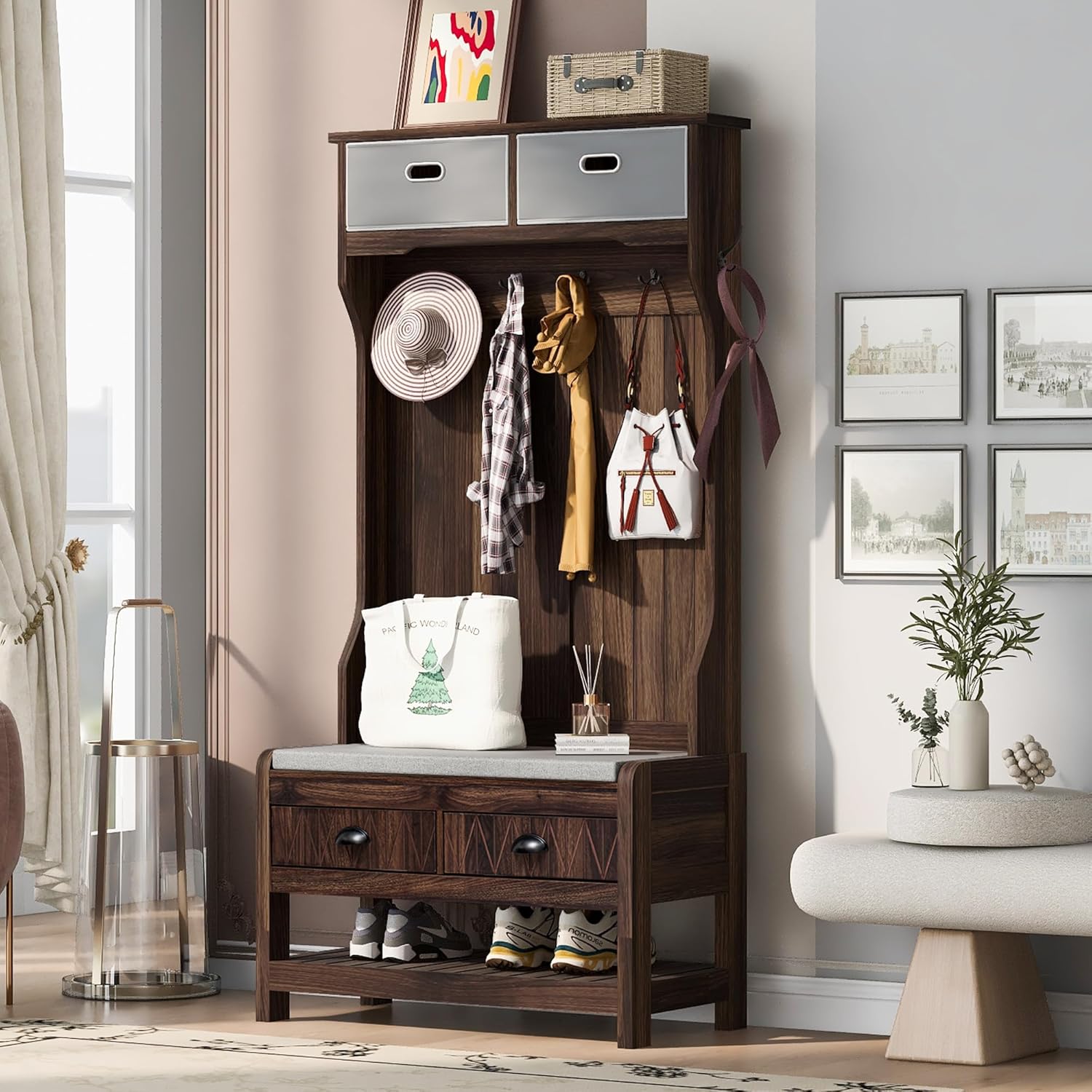 Merax Farmhouse Wood Hall Tree with 6 Hooks and Shoe Bench, Mudroom Versatile Coat Racks with 6 Cabinets & Adjustable Shelf, Entrance Organizer for Hallway, Entryway, Living Room Black