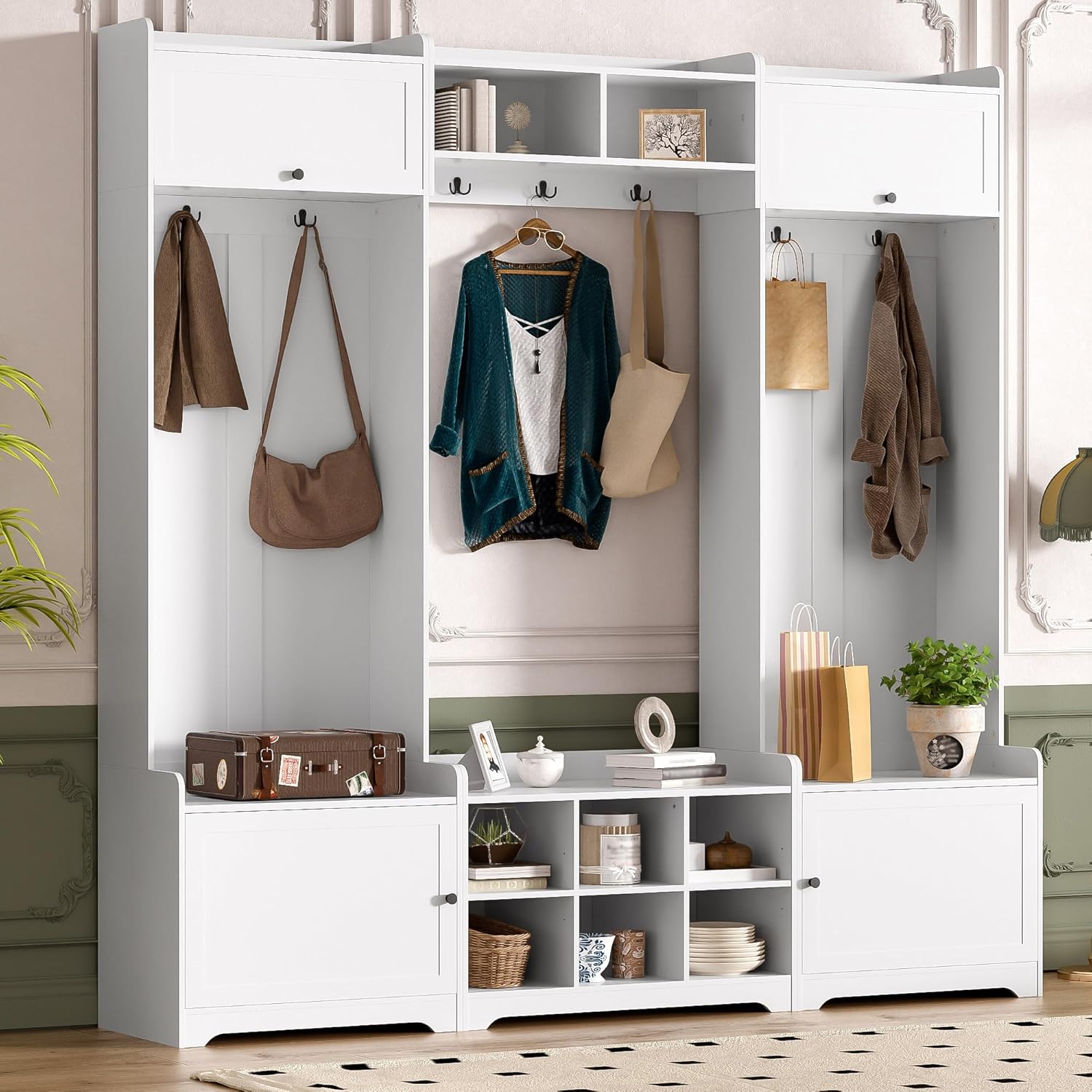 79'' Tall Hall Tree with Shoe Storage and Bench, 4-in-1 Mudroom Storage Organizer Coat Rack with 6 Cabinets, 4 Coat Hooks & Adjustable Shelf for Hallway, Entryway, Living Room, White
