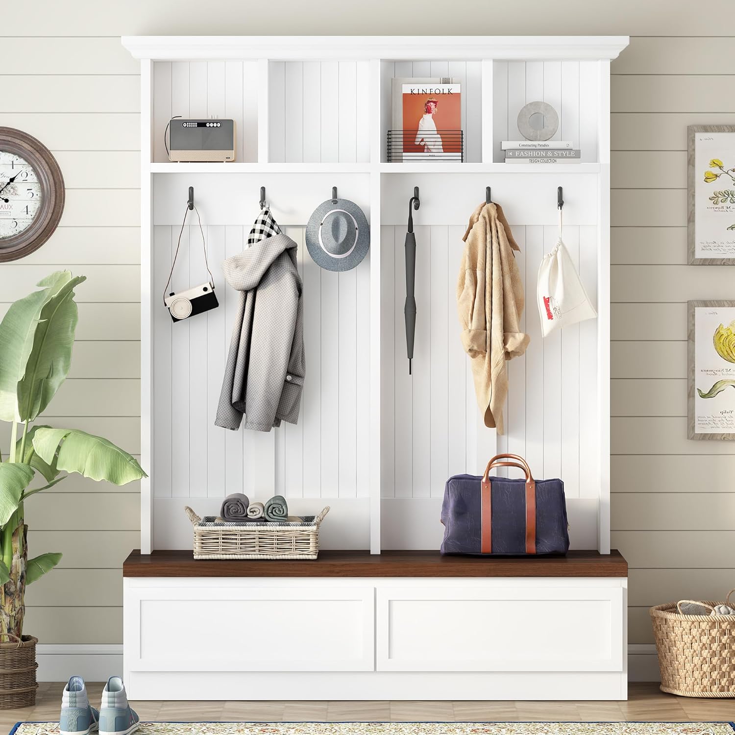 Merax Wood Hall Tree Entryway Bench with Storage Cabinet, 6 Hooks Coat Racks for Entrance, Hallway White