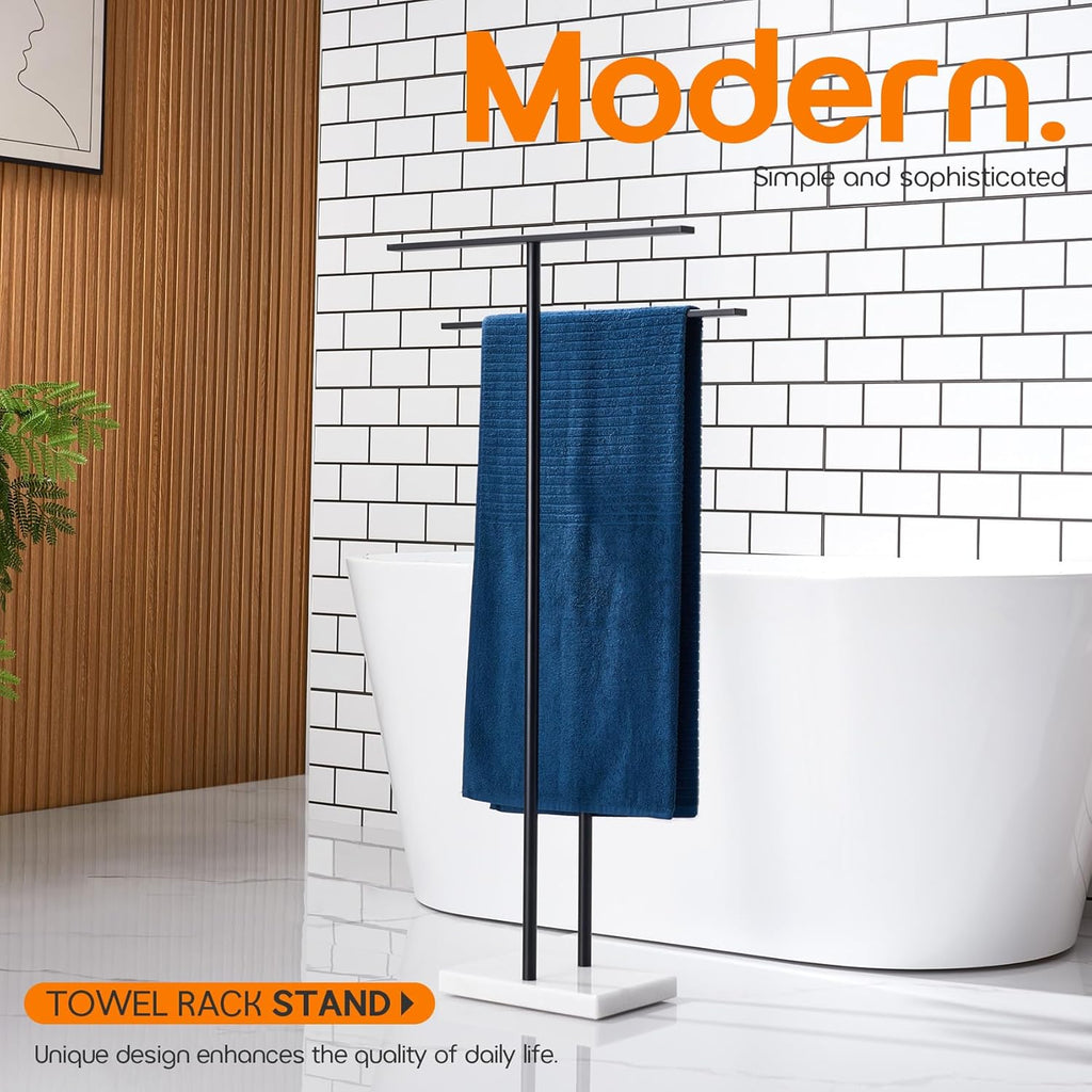 Free Standing Towel Racks Matte Black 2-Tier Towel Holder for Bathroom Floor Stand with Heavy Marble Base Thicken Steady Design Stainless Steel AN7001MB
