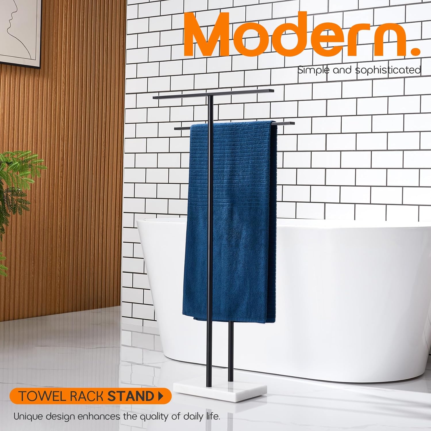 Free Standing Towel Racks Matte Black 2-Tier Towel Holder for Bathroom Floor Stand with Heavy Marble Base Thicken Steady Design Stainless Steel AN7001MB