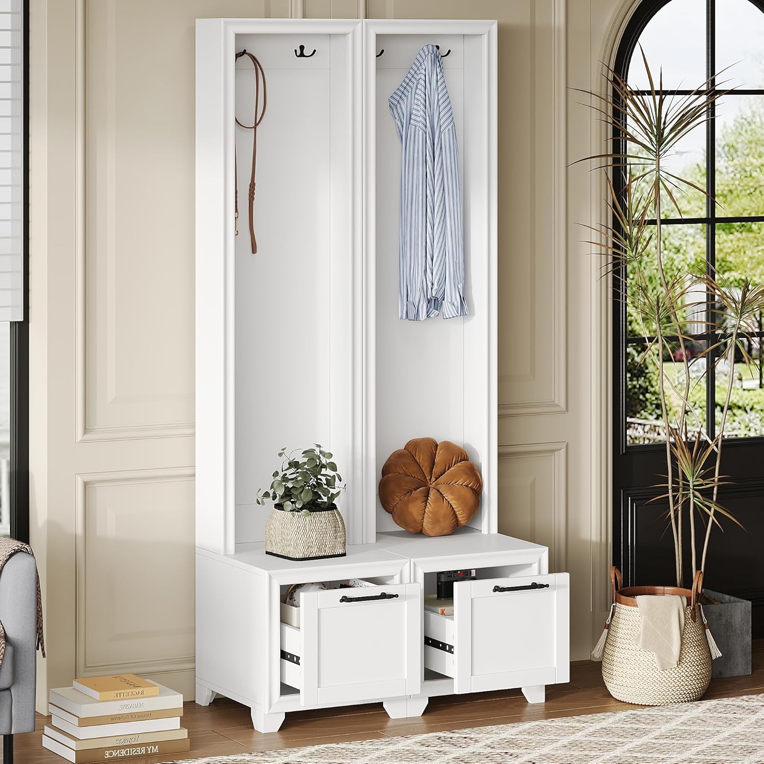 Merax Wood Hall Tree Entryway Bench with Storage Cabinet, 6 Hooks Coat Racks for Entrance, Hallway White