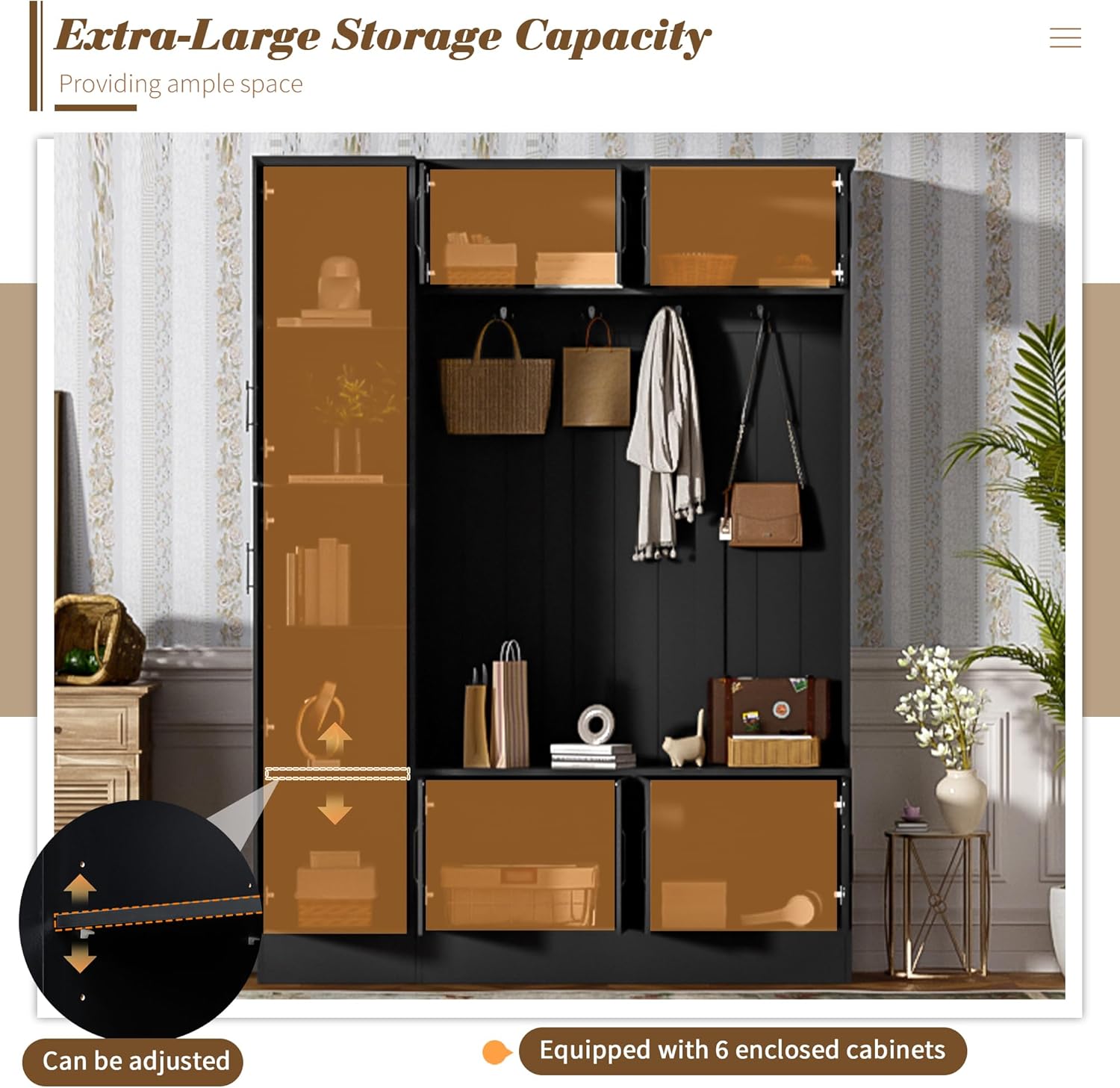 Merax Farmhouse Wood Hall Tree with 6 Hooks and Shoe Bench, Mudroom Versatile Coat Racks with 6 Cabinets & Adjustable Shelf, Entrance Organizer for Hallway, Entryway, Living Room Black