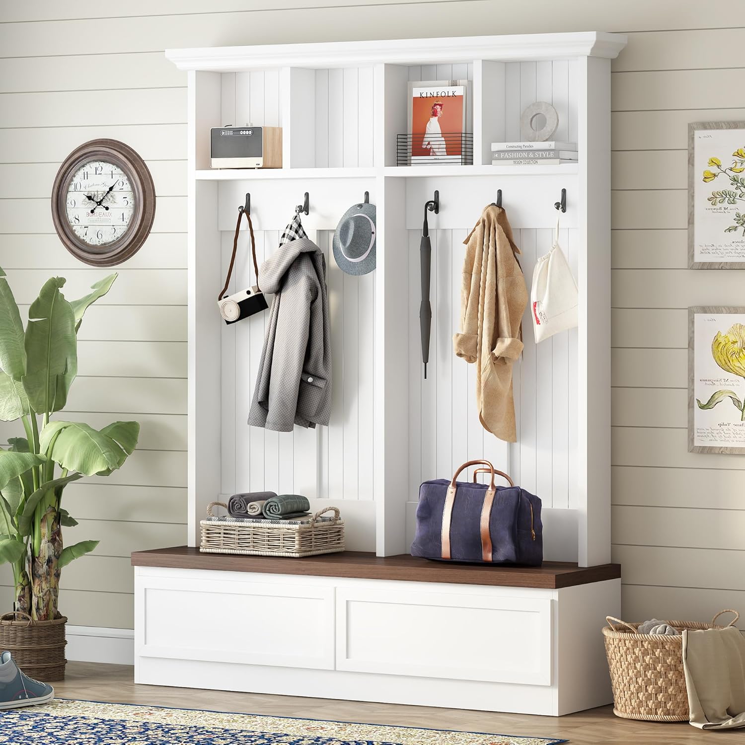 Merax Wood Farmhouse Hall Tree with Storage Entryway Bench, 3-in-1 Coat Racks with 6 Hooks &Shelves for Entrance, Hallway, Mudroom,White