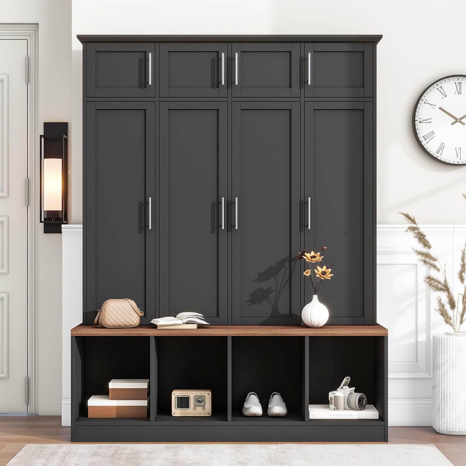 Ball & Cast Entryway Hall Tree with Shoe Storage and Bench,Modern Coat Rack w/Bench and Cushion,3 Shevlves,3 Hooks,Functional Hallway Shoe Cabine for Entrance,Hallway, Bedroom,Black