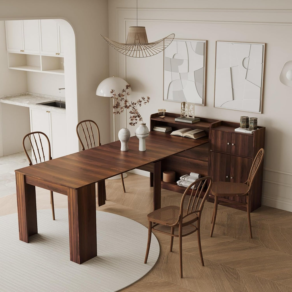 KEIKI 30”-88.4”L Extendable Foldable Dining Room Table with Storage for 1-10 People, Wood Modern Rustic Rectangle Expandable Kitchen Living Meeting Room Furniture, 5 Tabletop Length Options, Walnut