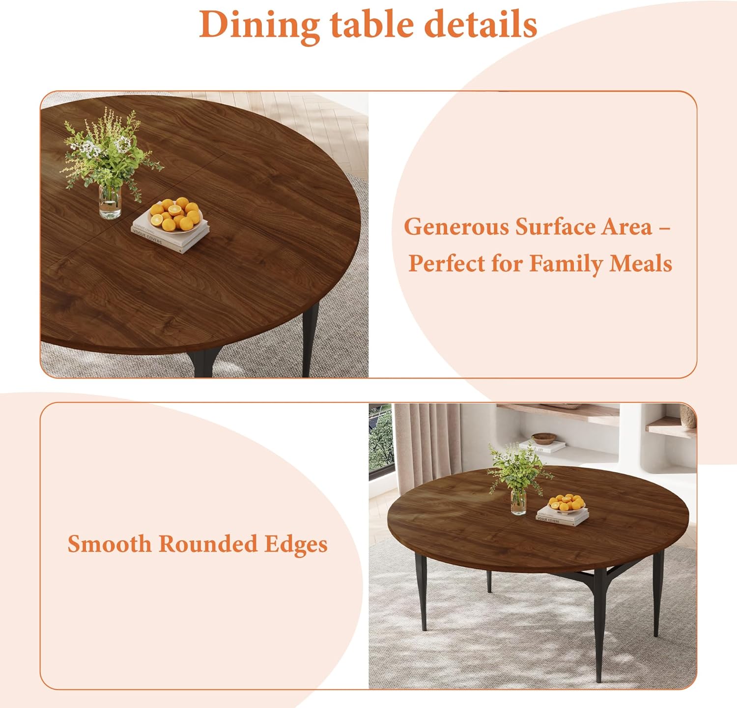 Expandable Folding Dining Table Set, 55-Inch Round to Square Table with 6 Upholstered Chairs, Metal Frame, for Dining Room or Apartment (Round Table + 6 Brown Chairs)