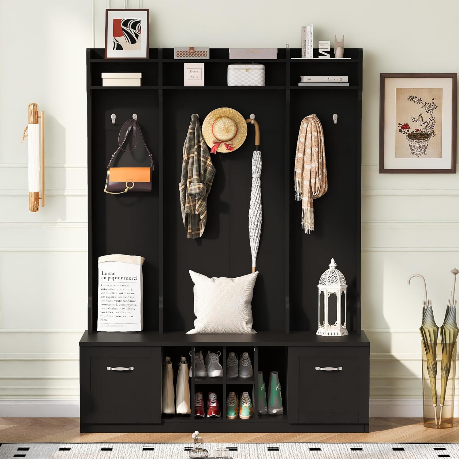 Ball & Cast Entryway Hall Tree with Shoe Storage and Bench,Modern Coat Rack w/Bench and Cushion,3 Shevlves,3 Hooks,Functional Hallway Shoe Cabine for Entrance,Hallway, Bedroom,Black