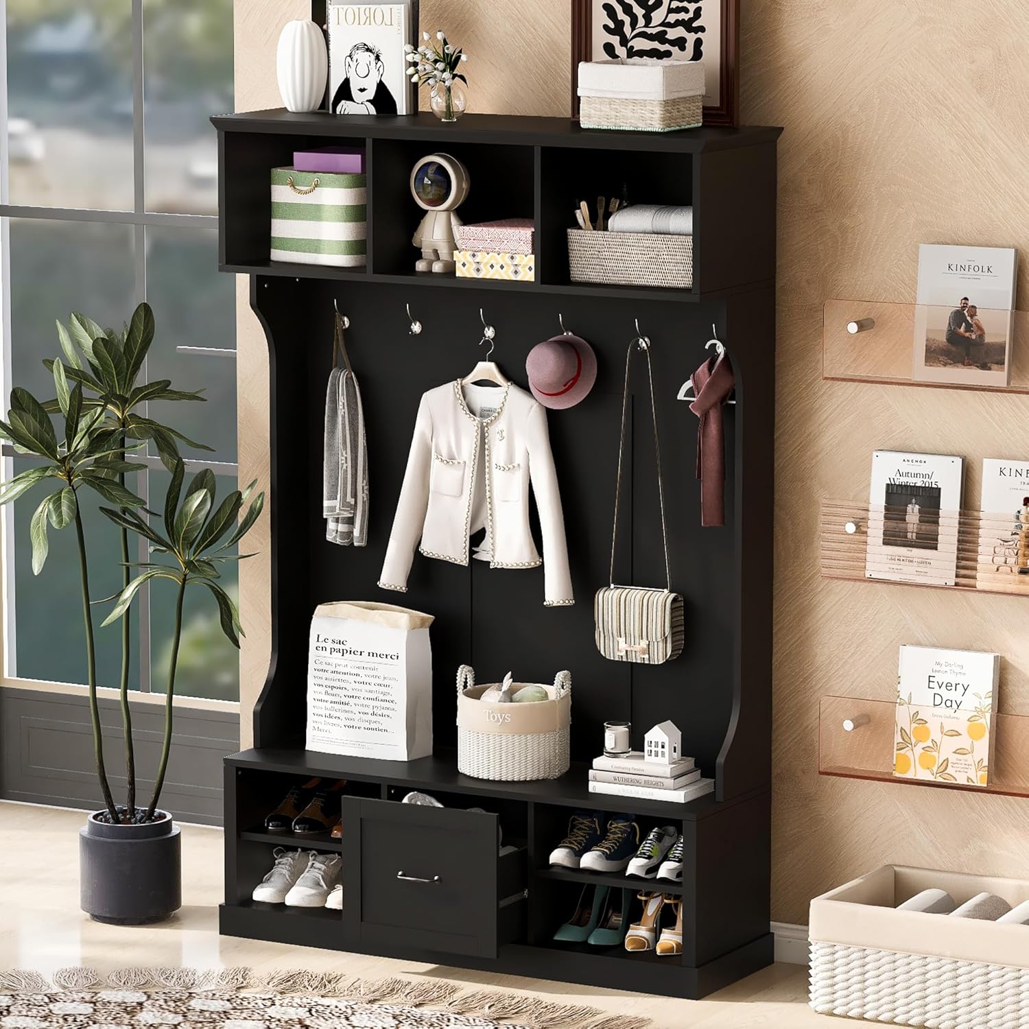 Merax Farmhouse Wood Hall Tree with 6 Hooks and Shoe Bench, Mudroom Versatile Coat Racks with 6 Cabinets & Adjustable Shelf, Entrance Organizer for Hallway, Entryway, Living Room Black