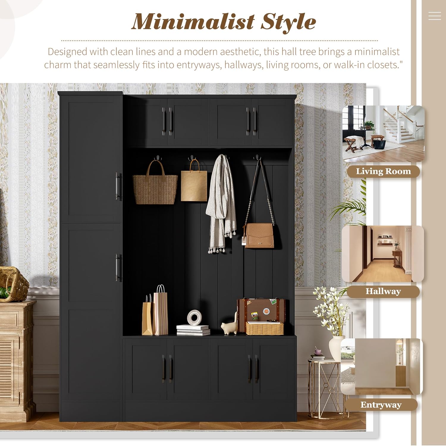Merax Farmhouse Wood Hall Tree with 6 Hooks and Shoe Bench, Mudroom Versatile Coat Racks with 6 Cabinets & Adjustable Shelf, Entrance Organizer for Hallway, Entryway, Living Room Black