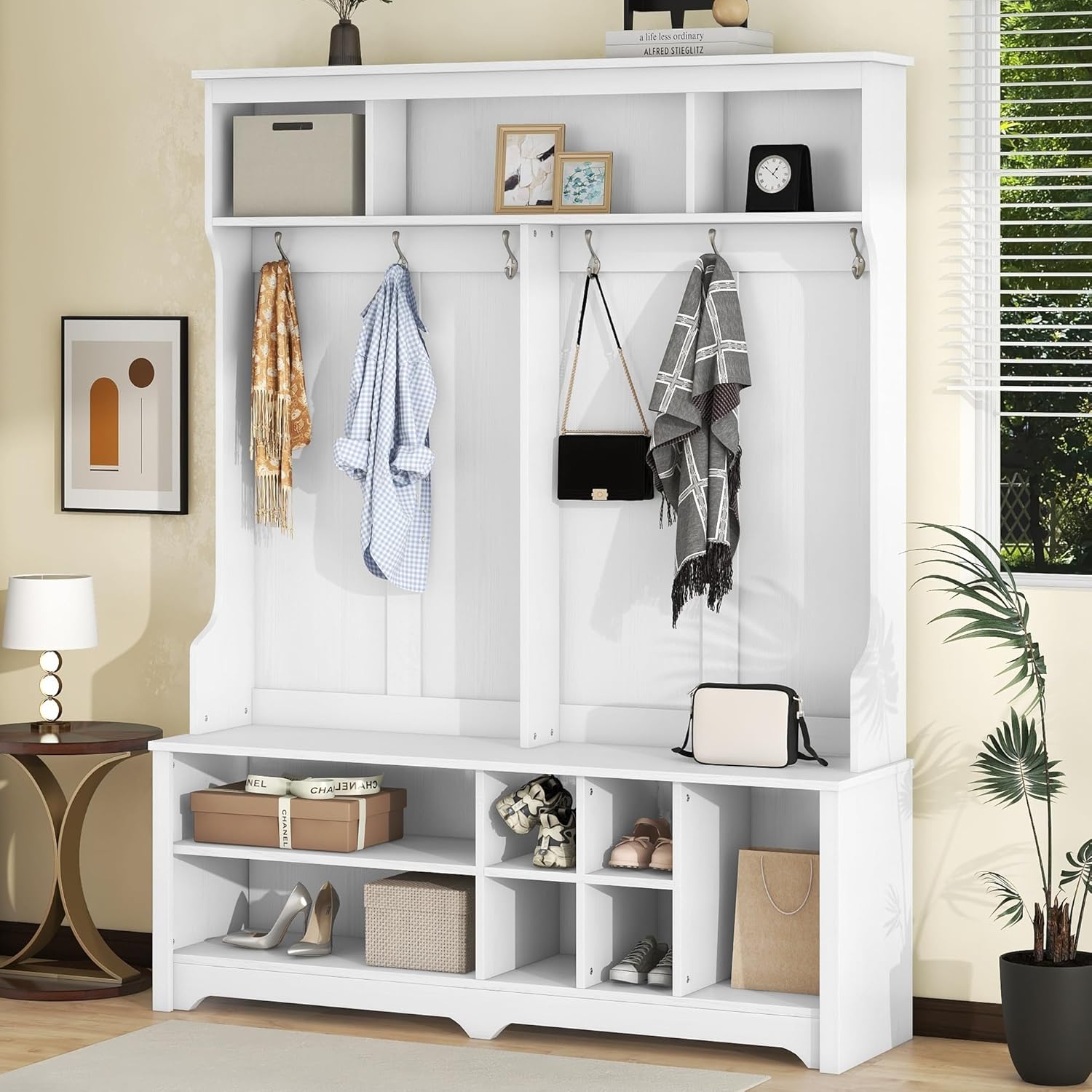 Wide Hall Tree with Storage Bench, Wood Coat Rack with Cabinet and 7 Hooks, Mudroom Organizer with Shoes Storage Cubbies for Entryway Hallway, Beige