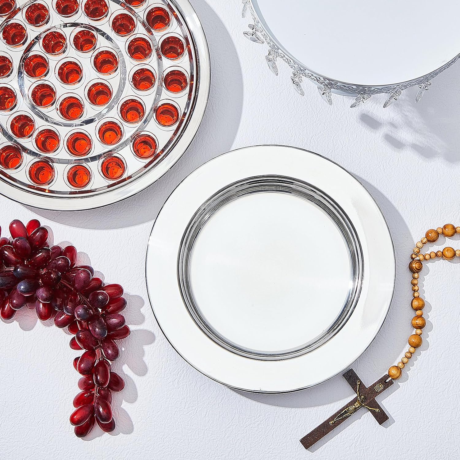 Zhehao 2 Plates Silver Communion Set, Holy Trays with Lid, Stainless Steel Bread Tray Plates for Churches, Holy Communion Tray with Cover, Polished Church Supplies Ware Sets