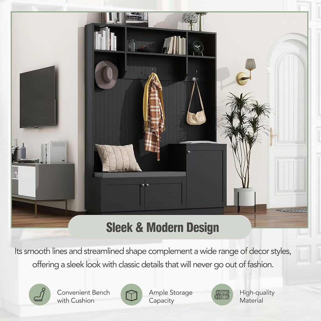 Ball & Cast Entryway Hall Tree with Shoe Storage and Bench,Modern Coat Rack w/Bench and Cushion,3 Shevlves,3 Hooks,Functional Hallway Shoe Cabine for Entrance,Hallway, Bedroom,Black