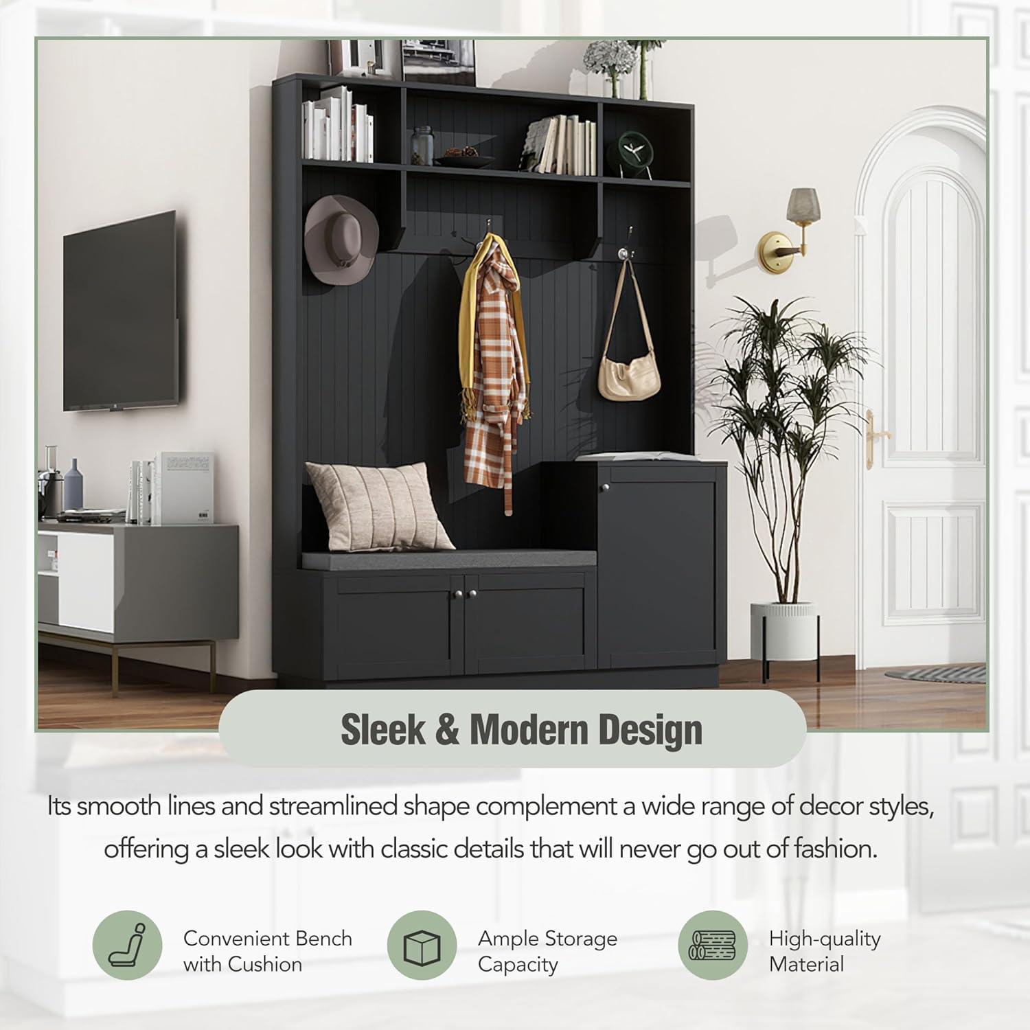 Ball & Cast Entryway Hall Tree with Shoe Storage and Bench,Modern Coat Rack w/Bench and Cushion,3 Shevlves,3 Hooks,Functional Hallway Shoe Cabine for Entrance,Hallway, Bedroom,Black