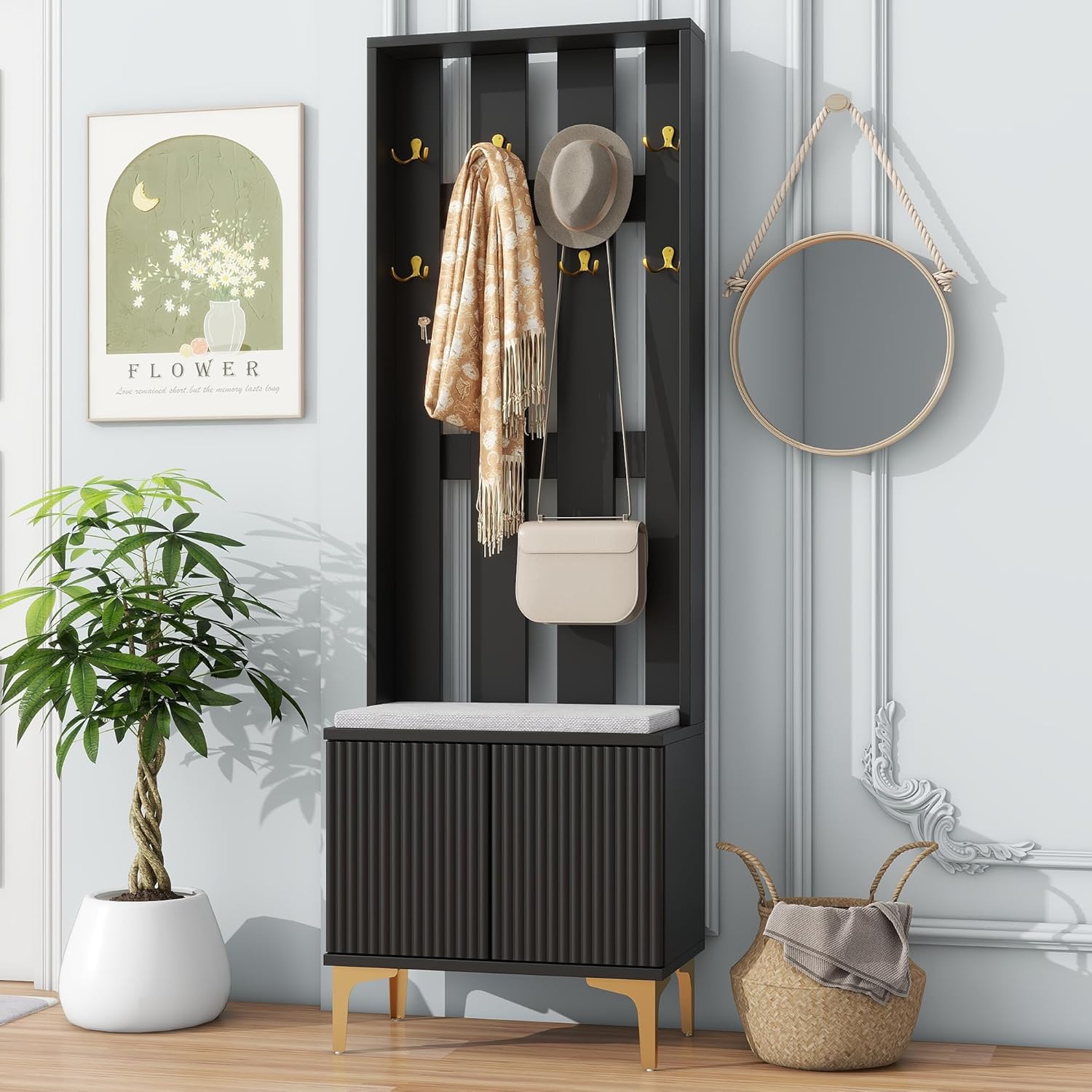 Ball & Cast Entryway Hall Tree with Shoe Storage and Bench,Modern Coat Rack w/Bench and Cushion,3 Shevlves,3 Hooks,Functional Hallway Shoe Cabine for Entrance,Hallway, Bedroom,Black