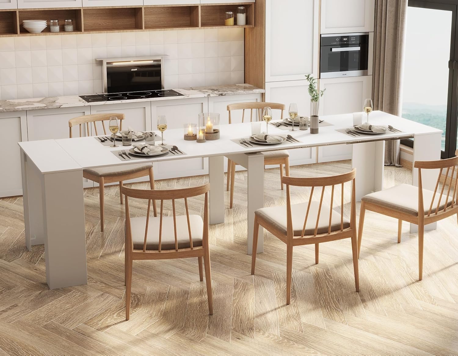 KEIKI 20”-118.5”L Extendable Foldable Dining Room Table for 1-10 People, Wood Modern Rustic Rectangle Expandable Kitchen Living Meeting Room Furniture, 6 Tabletop Length Options, Marble White