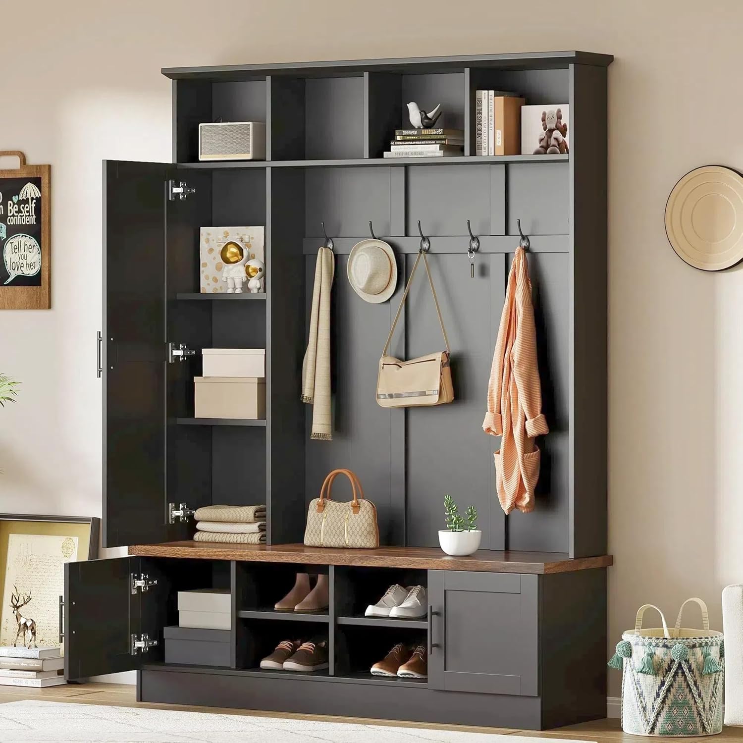 Ball & Cast Entryway Hall Tree with Shoe Storage and Bench,Modern Coat Rack w/Bench and Cushion,3 Shevlves,3 Hooks,Functional Hallway Shoe Cabine for Entrance,Hallway, Bedroom,Black
