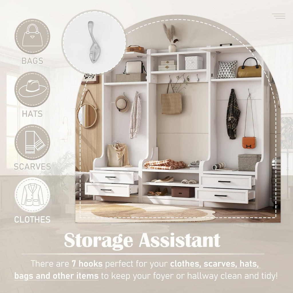 Wide Hall Tree with Storage Bench, Wood Coat Rack with 4 Drawers and 7 Hooks, Detachable Mudroom Organizer with Shoes Storage Shelves for Entryway Hallway, White