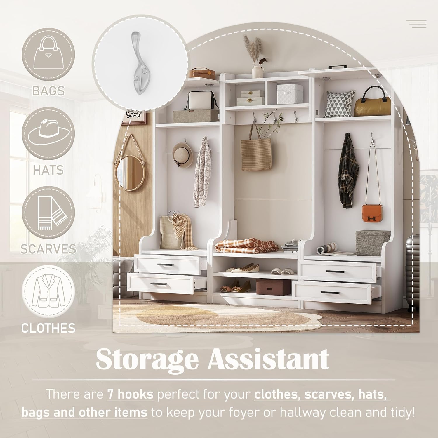 Wide Hall Tree with Storage Bench, Wood Coat Rack with 4 Drawers and 7 Hooks, Detachable Mudroom Organizer with Shoes Storage Shelves for Entryway Hallway, White