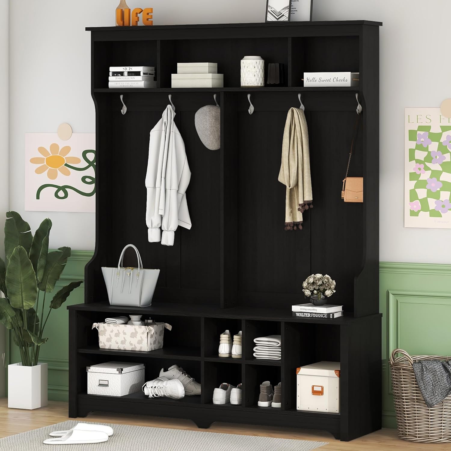 Wide Hall Tree with Storage Bench, Wood Coat Rack with Cabinet and 7 Hooks, Mudroom Organizer with Shoes Storage Cubbies for Entryway Hallway, Beige